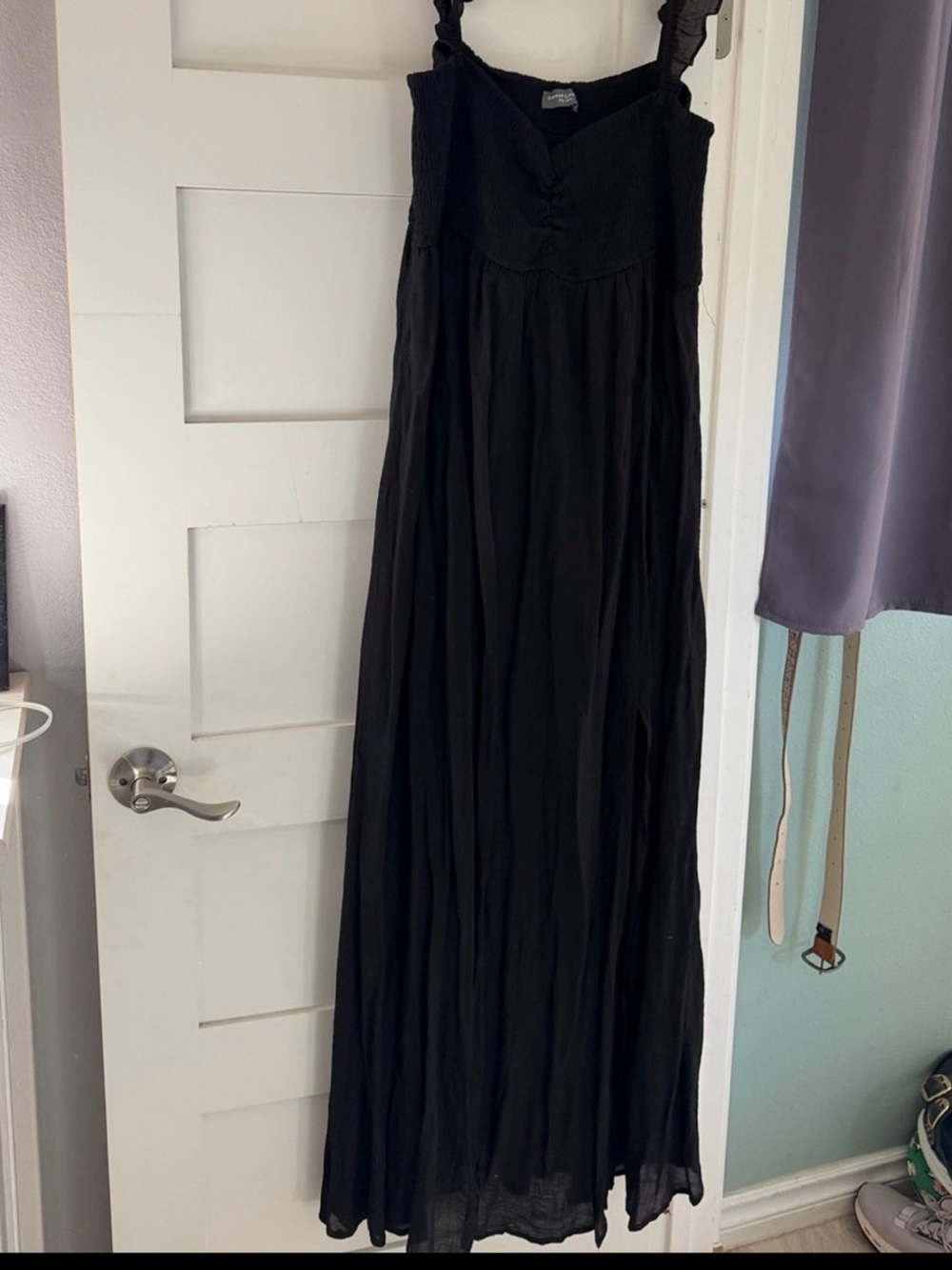 Ruffled Strap Black Maxi Dress with Smocked Bodice
